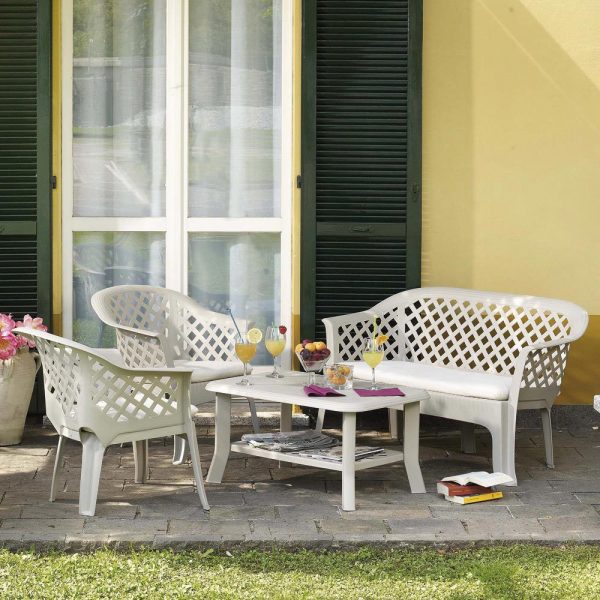 Conjunto de jardín resina veranda blanco con cojines